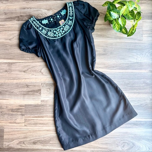 Tory Burch Lottie Turquoise Embroidered Yoke Black Silk Shift Mini Dress Size 12 - Picture 2 of 16